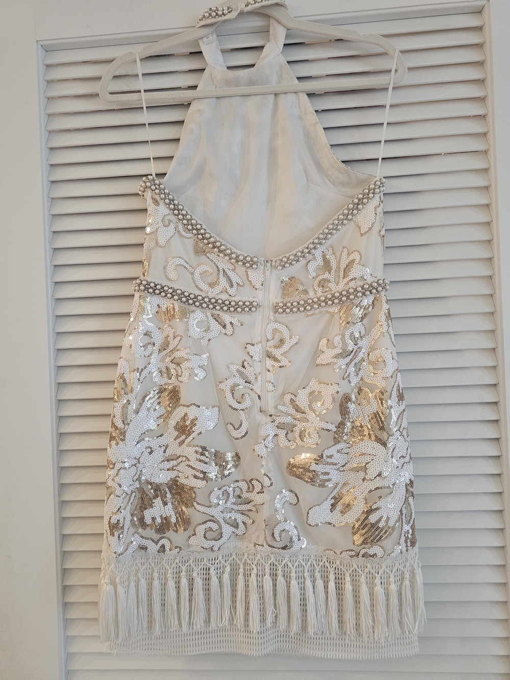 12th TRIBE Like Gold dust White SEQUIN fringe Dress Sz L - Picture 7 of 16